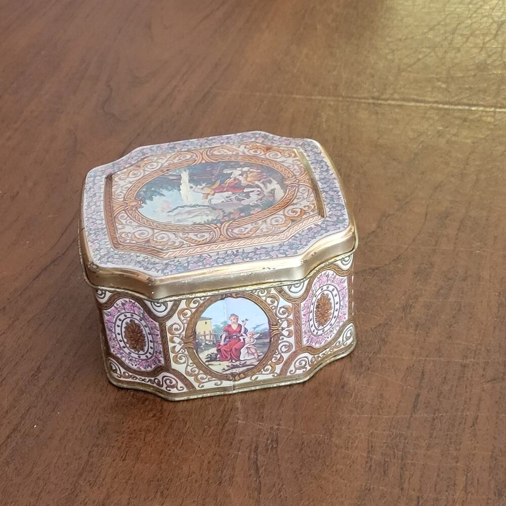 Vintage Meister Brazil Decorative Metal Tin Lidded Box Lady with a Child